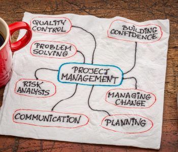project management flow chart or mindmap - a sketch on a napkin with cup of coffee